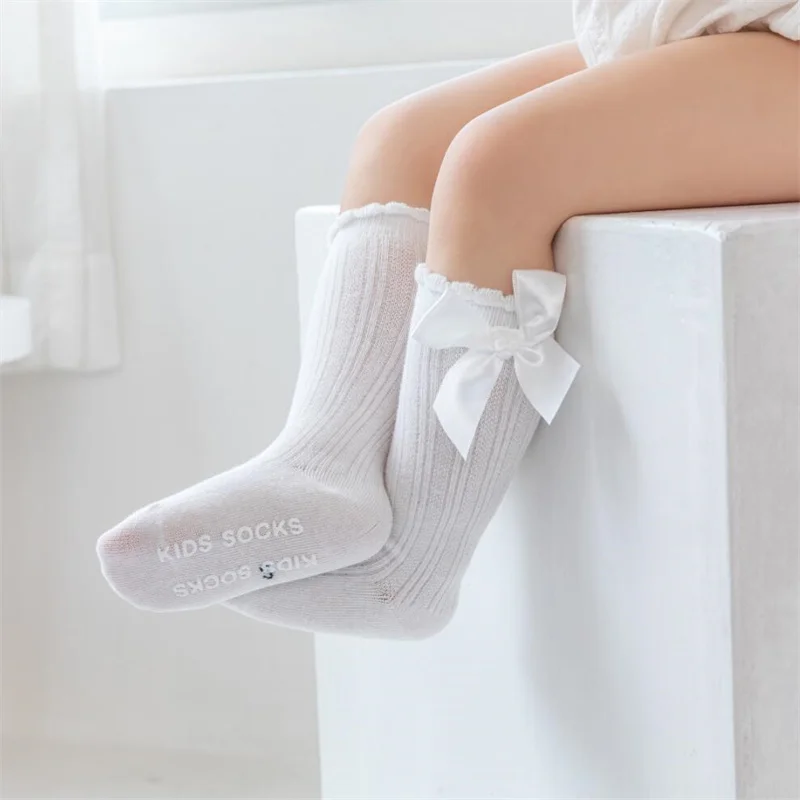 3Pairs/set Baby Girls Socks Big Bow Knee High Children's Home Mid Calf Princess Floor Sock Non-slip Kids Toddler Stockings 0-3Y
