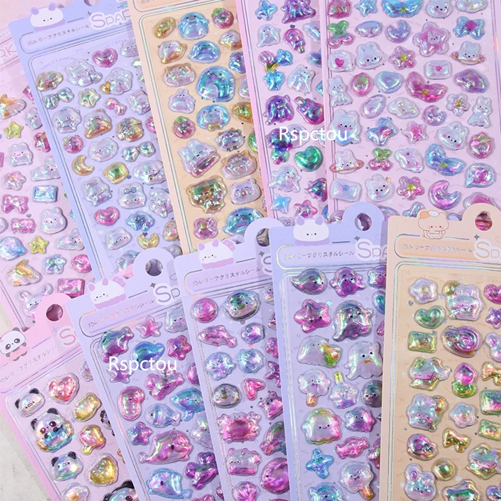 10pcs Kawaii Cartoon Animal Rainbow Relief Stickers Cute Cat Panda Rabbit 3D Crystal Sticker Fridge Scrapbook Phone Decals Toys
