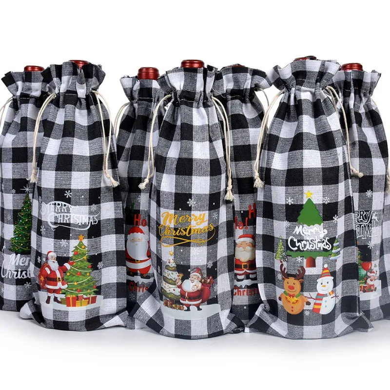 20pcs/lot 15*35cm (5.9*13.8in) Christmas Theme Wine Bottle Packaging Bag Festive Party Drawstring Gift Bags Pouches