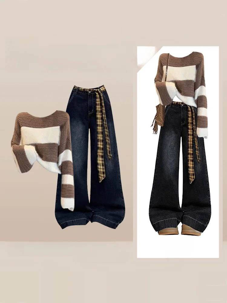 

Women's High Waist Knitted Stripe Sweater And Wide Leg Jeans Two Piece Set Casual Sle Autumn Winter Faion Ensemble