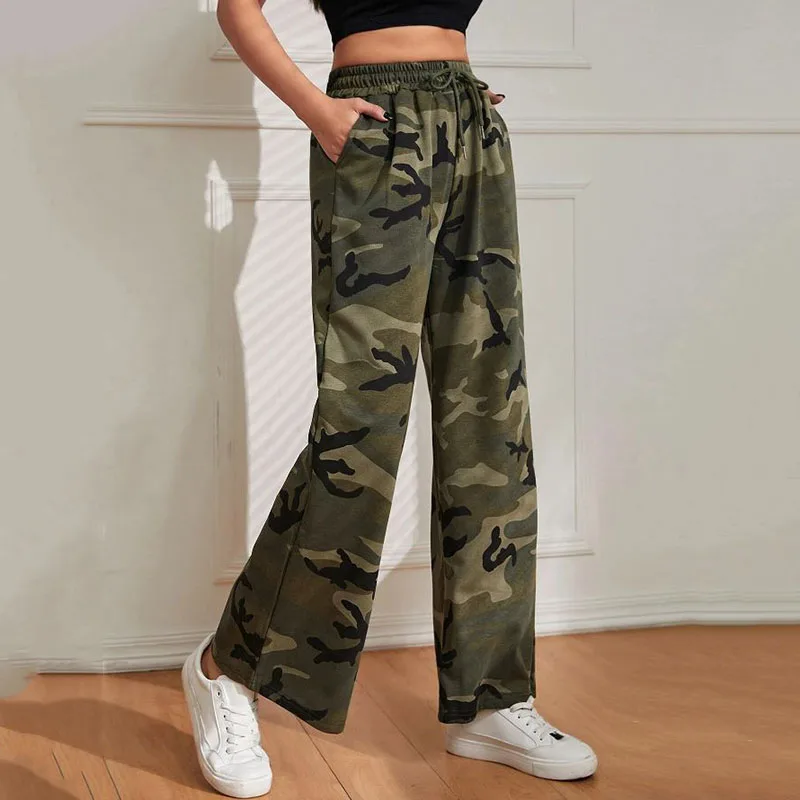 Lucyever Camouflage Colour Straight Pants Woman Vintage High Waist Drawstring Wide Leg Trousers Female Strewetwear Casual Pants