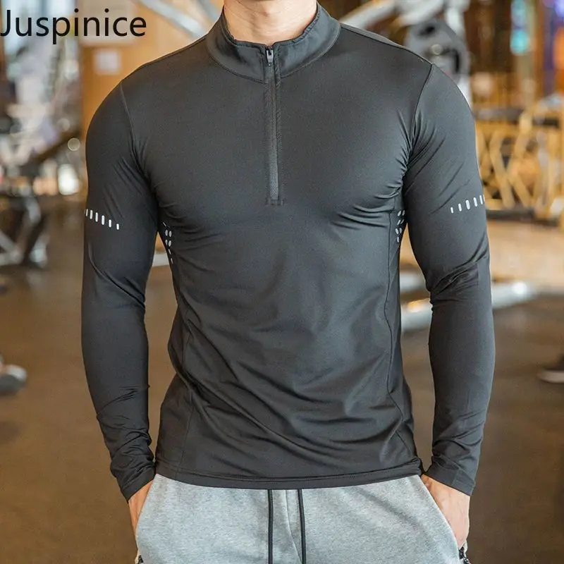 

Juspinice Autumn New Half Zipper Fitness Long Sleeved T-shirt Men's Quick Drying Clothes Basketball Training Tight Sportswear