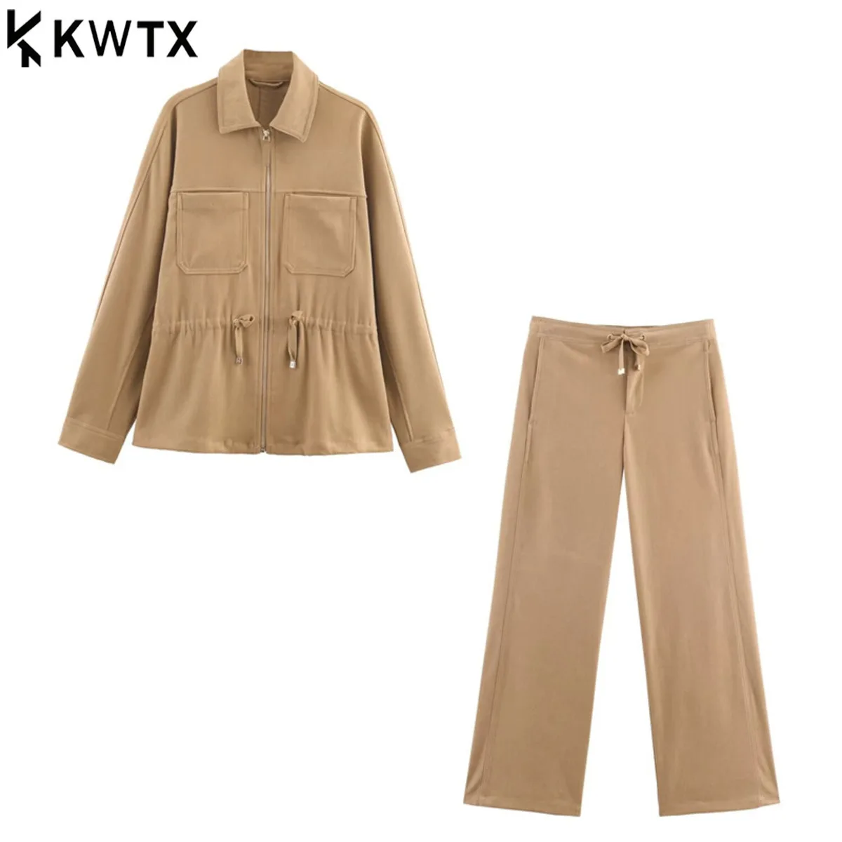 

KWTX Women 2pc Set Solid Long Sleeve Top Wide Leg Pants Lapel Zipper Drawstring Casual Elegant Fall Winter 2025 New Female