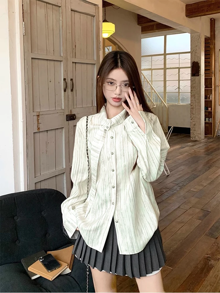 

Women Apricot Striped Shirts and Blouses Y2k 90s Vintage Korean Harajuku 2000s Elegant Long Sleeve Polo-Neck Shirt Trashy