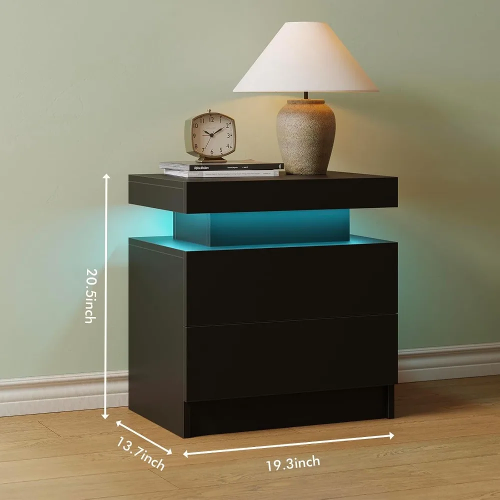 "طاولات ليلية معاصرة مزدوجة LED مع شرائط إضاءة متعددة الألوان وأدراج صامتة وتخزين كاره"