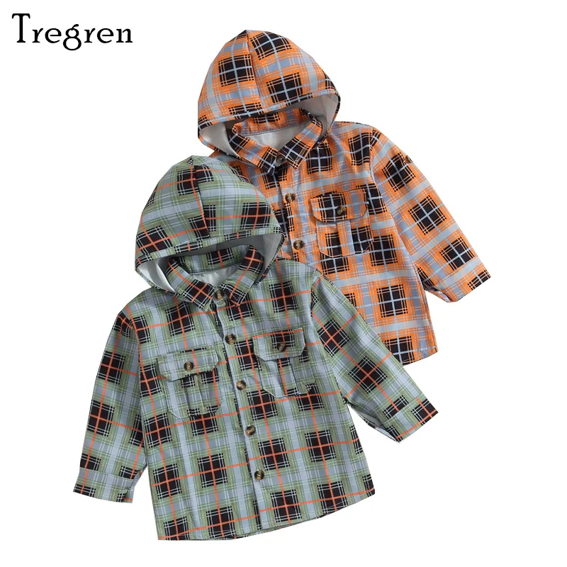 

Tregren Toddler Boy Plaid Hooded Shirt Autumn Long Sleeve Hoodie Kids Infant T-Shirts Tops