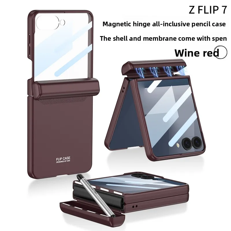 

Luxury Tempered Glass Leather Fiber Texture Metal Plated Flip Case for Samsung Galaxy Z Flip7 5G Back Cover Comes with Pen