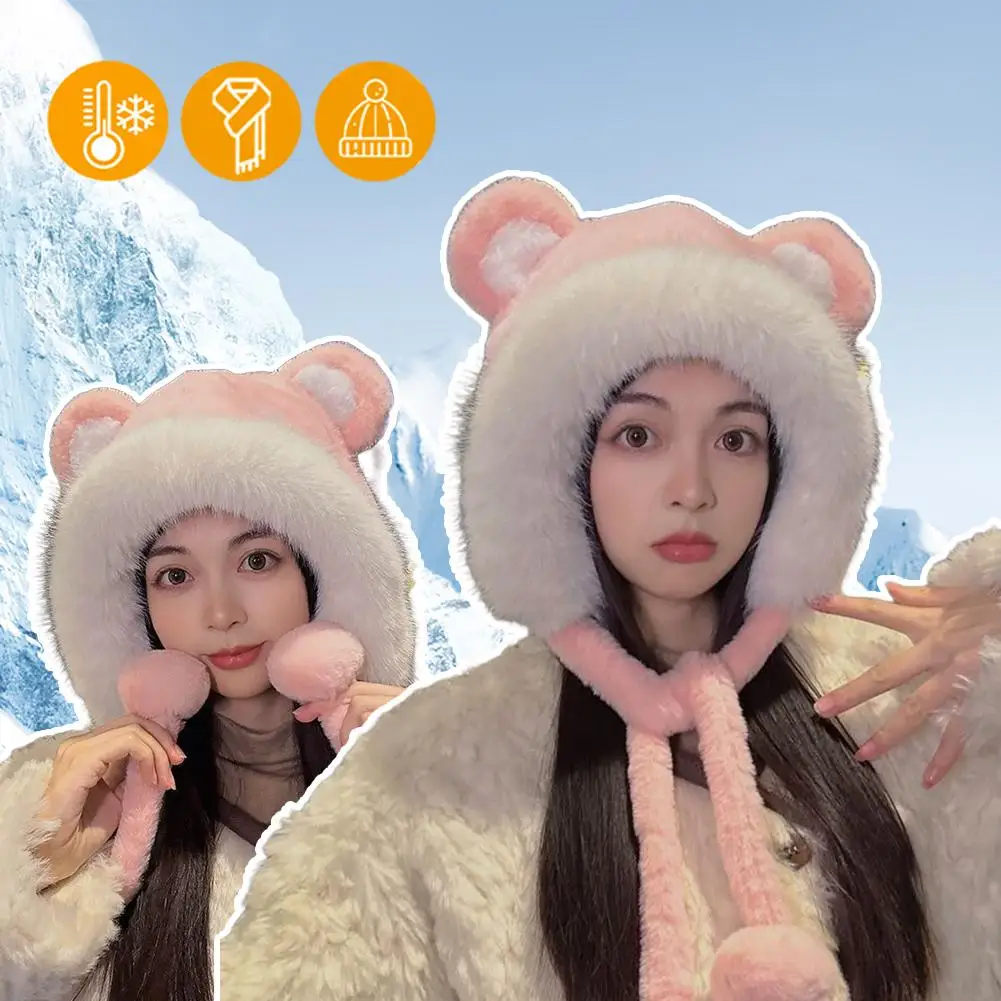 NEW Thickened Fluffy Bear Ear Hat Women's Winter All-Match Ear Protection Head Wrap Warm Baseball Cap Windproof Function