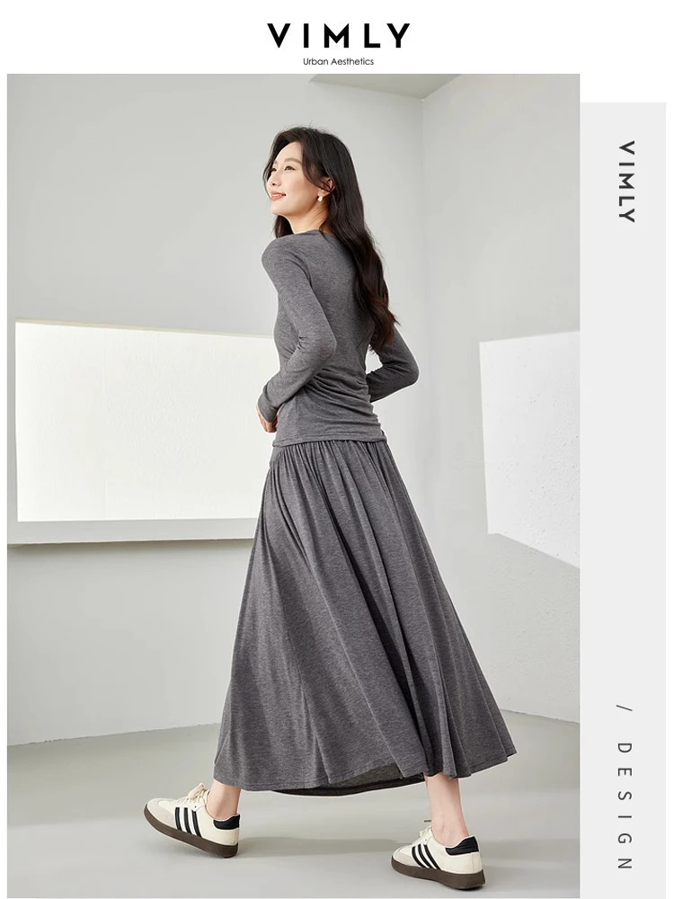 Vimly Spring Grey Skirt Set Women 2 Piece Outfits Shirring T-shirts Elastic Waist Maxi Skirt 2024 New in Matching Set M6120