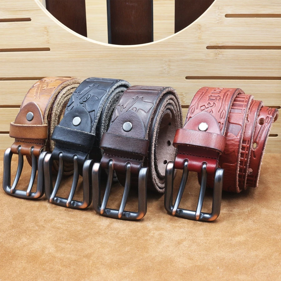 

3.8CM New Korean Version of Versatile Double Pin Belt Men's Leather Headlayer Pure Cowhand Vintage Casual Jeans Belt