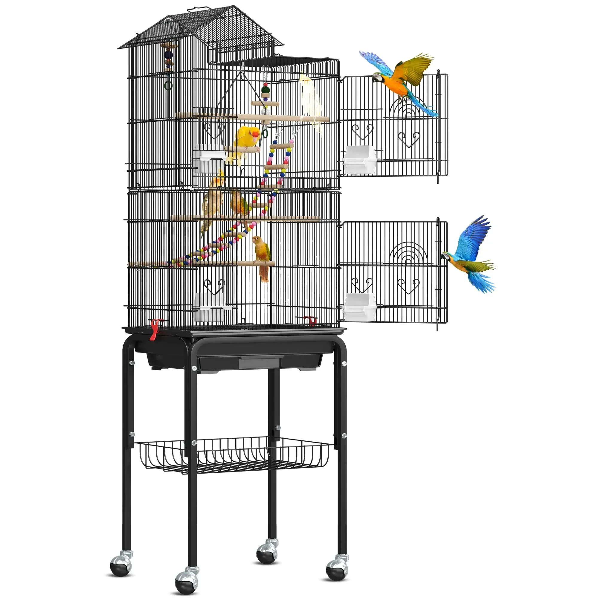 Large Parakeet Cages For Parrot, Cockatiel, Lovebird, Pigeon With Roof Top, Rolling Stand And Hanging Toys