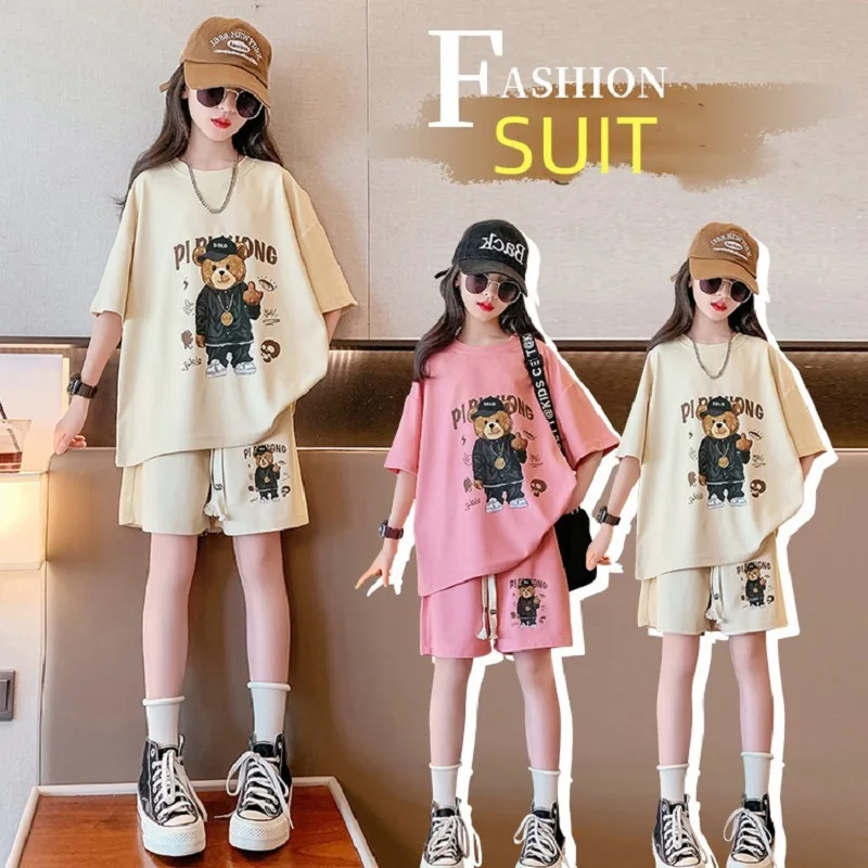 

Summer Girls Cotton Cartoon Print T-Shirt Tops+Drawstring Shorts Sets School Kids 2PCS Tracksuit Children Jogging Outfits 7-16Yr