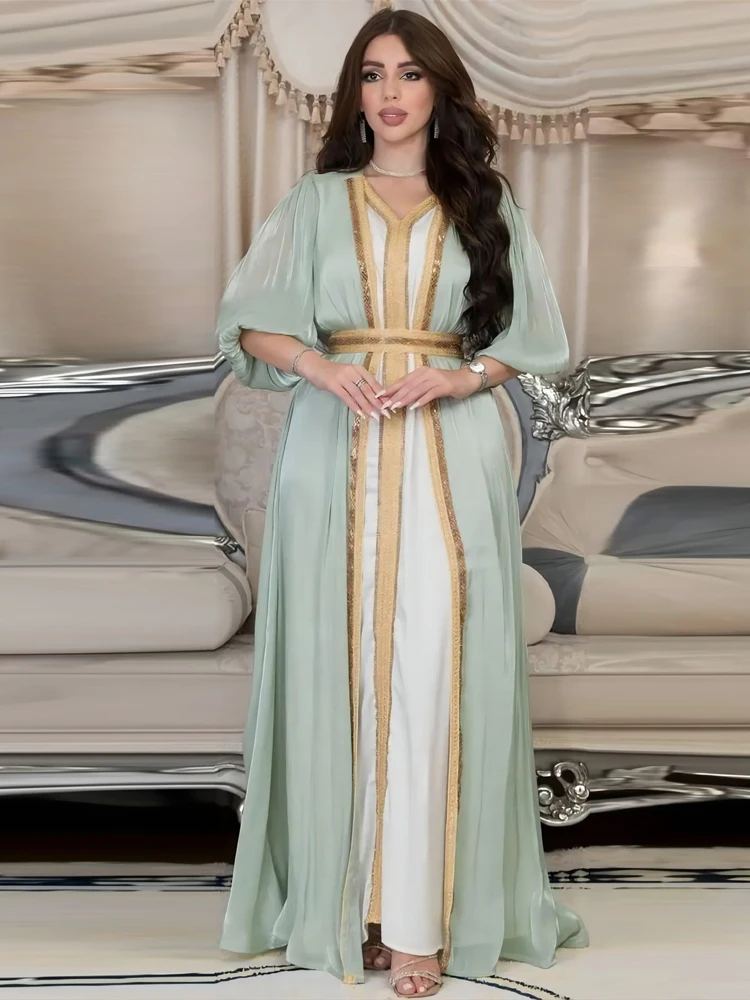 

Moroccan Woman Caftan Arab Style Luxurious 2023 Evening Dress 2 Piece Sets Lantern Sleeves Silky Abaya Ramadan Eid Dubai Wear