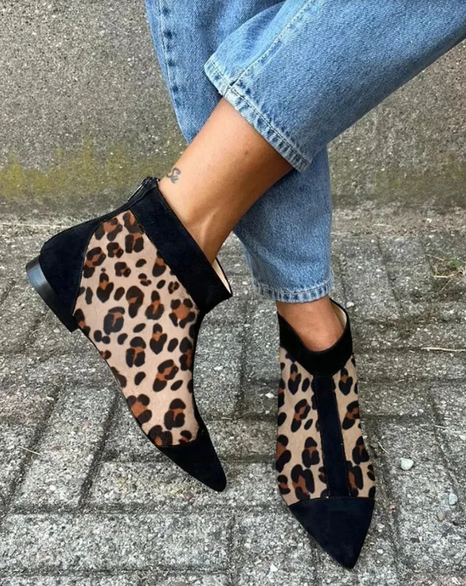 

2026 New Leopard Print Colorblock Pointed Toe Women's Ankle Boots