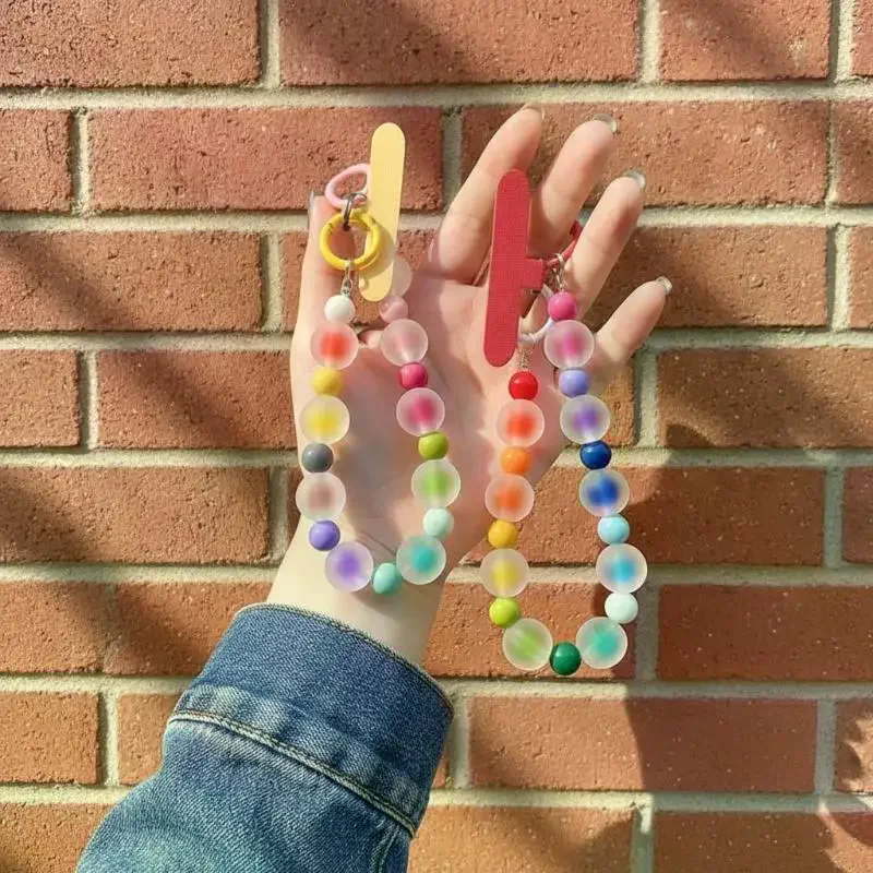 Rainbow Frosted Jelly Bead Phone Lanyard Double Clasp Anti Lost Wrist Strap Cute Keychain For Women