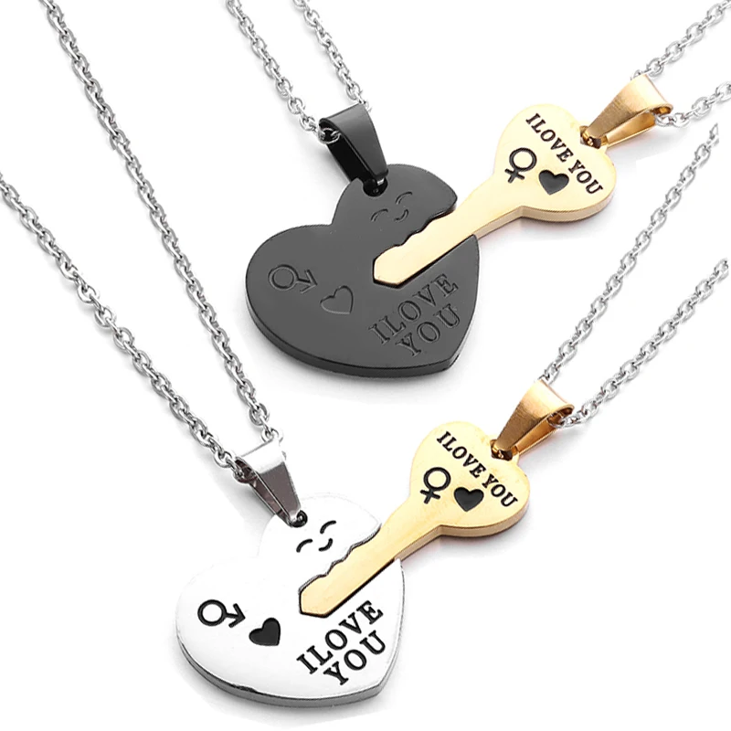 Stainless Steel Fashion Heart Shape Key Pendant I Love You Letter Necklace Romantic Valentine\'s Day Jewelry Gift for Couples