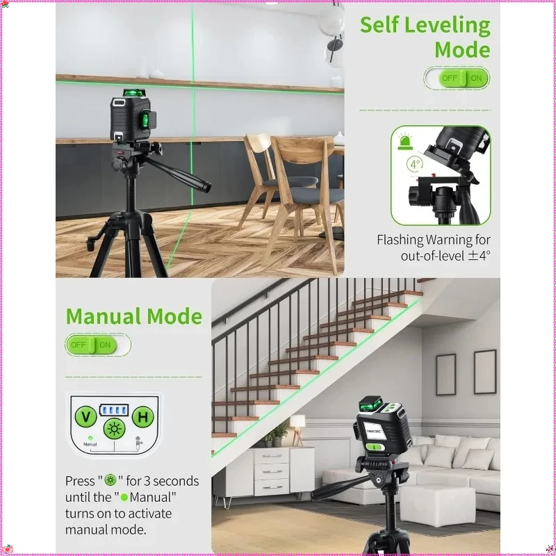 360 °   Livella laser autolivellante con treppiede da 60" - Lazer verde ricaricabile, 3 X 360 °