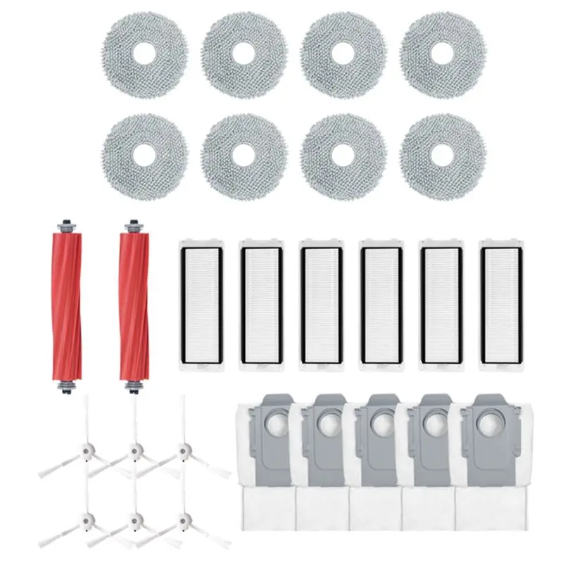 

Запасные части для робота-пылесоса Roborock Q Revo / P10: основная и боковые щетки, HEPA-фильтр, салфетка для влажной уборки, мешок для сбора пыли.