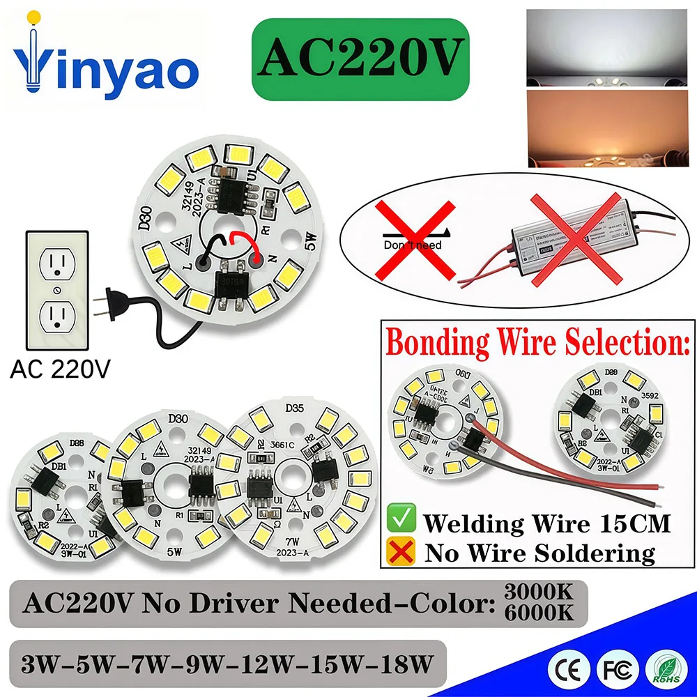 5PCS LED Chip For Lamp Bulb 3W 5W 7W 9W 12W 15W 18W SMD2835 Led Round Bulb Chips Light Beads AC220V Lighting Spotlight Bulb Chip