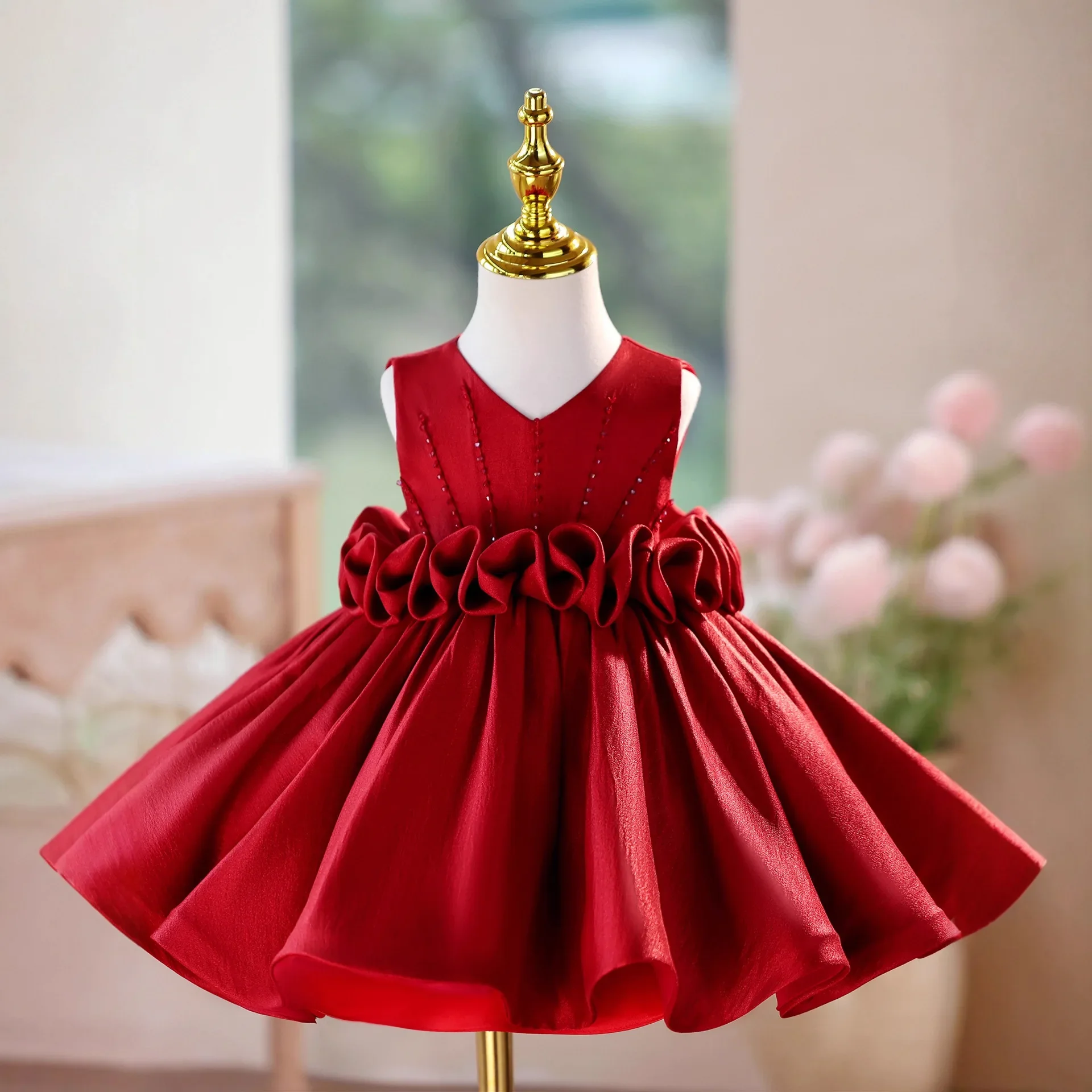 Baby Girls Red Luxury High-End Dress Child Wedding Party Little Girl Christmas New Year Boutique V-Neck Sleeveless Kids Frocks
