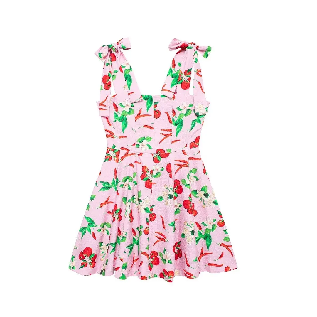 Tangada 2024 Summer Women Fruit Print Bow Strap Dress Sexy Ladies Mini Dress 3H0543