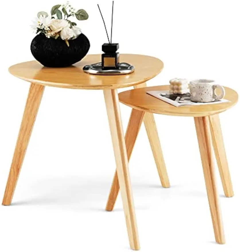 

Set of 2 Nesting Coffee Tables, 2 PCS Oval Wood Sofa End Tables with Rubber Wood Legs, Cocktail Tables with Triangula