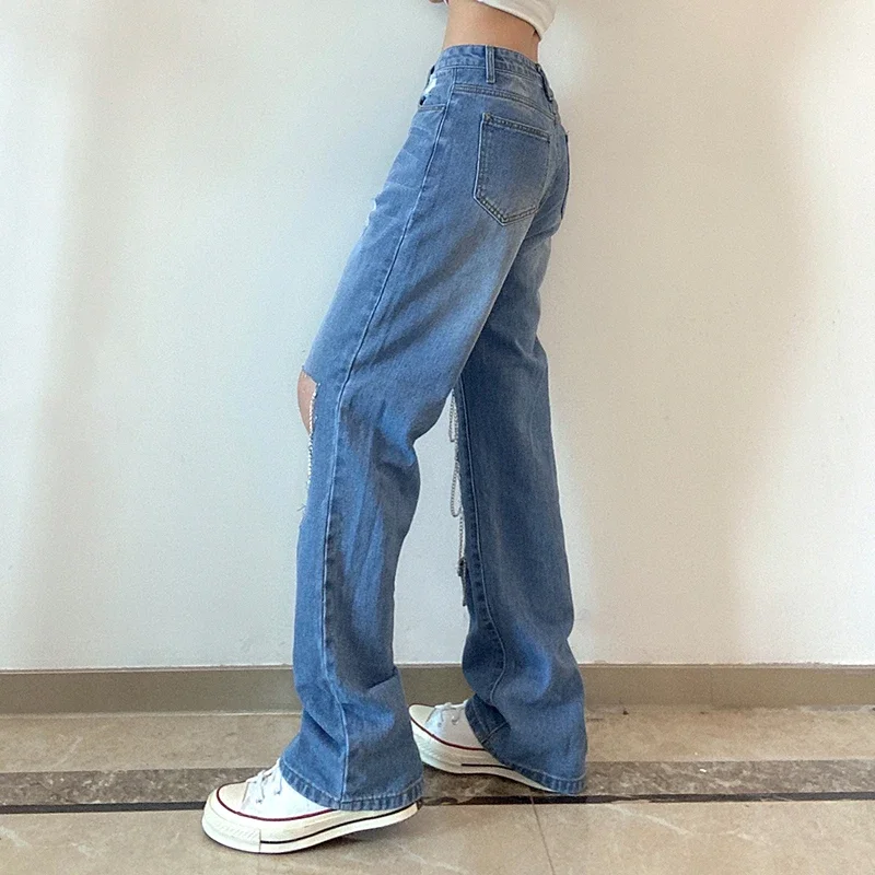 Cyber Y2k Vintage Hollow Hole Chain Straight Jeans Women High Waist Loose Denim Long Pants Summer Casual Streetwear 90s Trousers