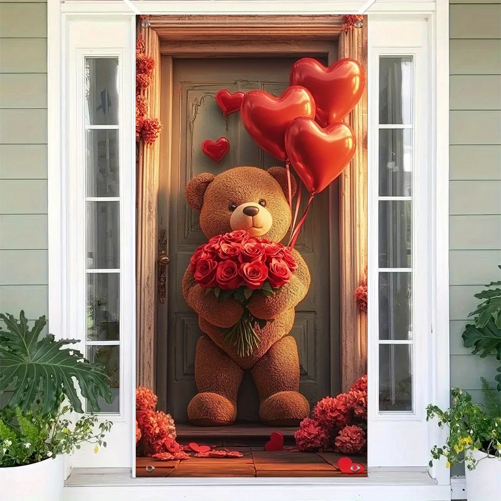 valentine day Docoration door banner bear red roses Festive Outdoor Indoor Decor Front Porch Cover for Patio Garden Entryway