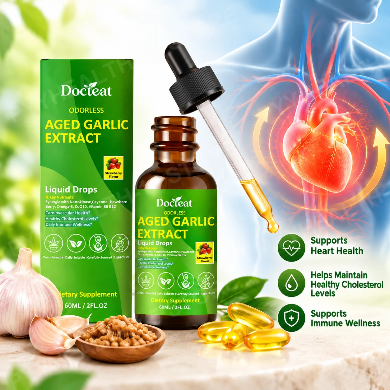 Aged Garlic Extract Liquid Drops for Healthy Circulation & Heart Function with Nattokinase 4000 FU & Omega-3, Odorless, 60ml