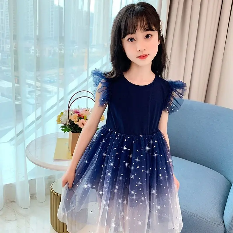 

Girls Summer New 2024 Western Style Starry Sky Gradient Short Sleeve Dress Princess Dress Tulle Skirt Kids' Skirt
