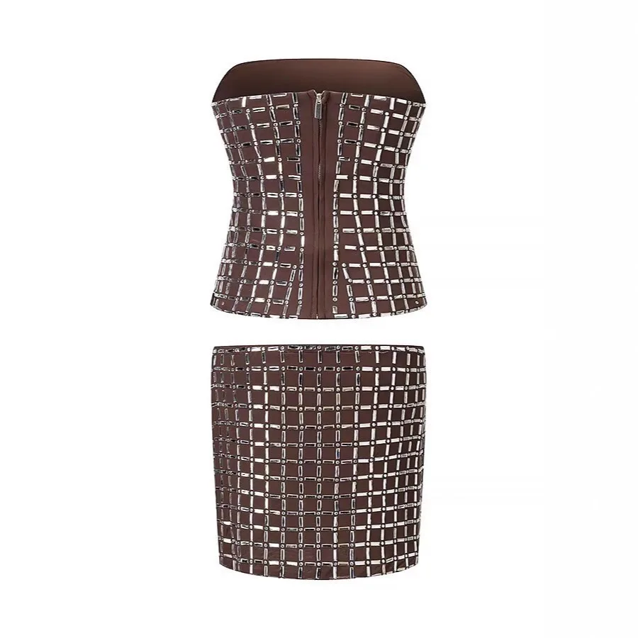 طقم تنورة مكون من قطعتين، أزياء نسائية مثيرة بدون أكمام، توب هاي ستريت كاجوال من حجر الراين، تنورة رصاص مستقيمة متوسطة الارتفاع