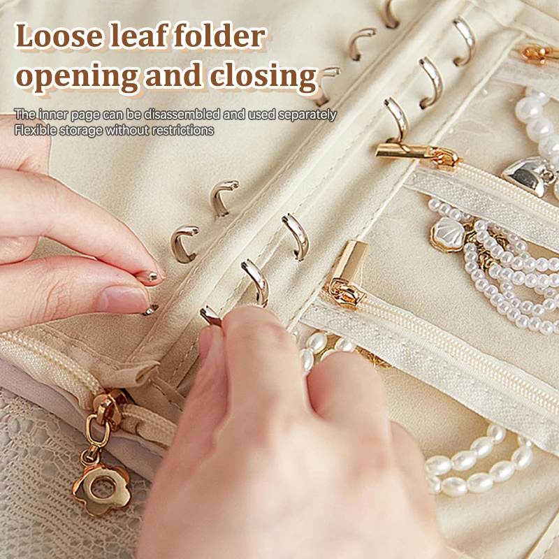 كتاب تخزين المجوهرات مع حقيبة بسحاب شفاف وقلادة وخاتم وحقيبة تخزين فاخرة من جلد الغزال وجيوب بنمط الورد