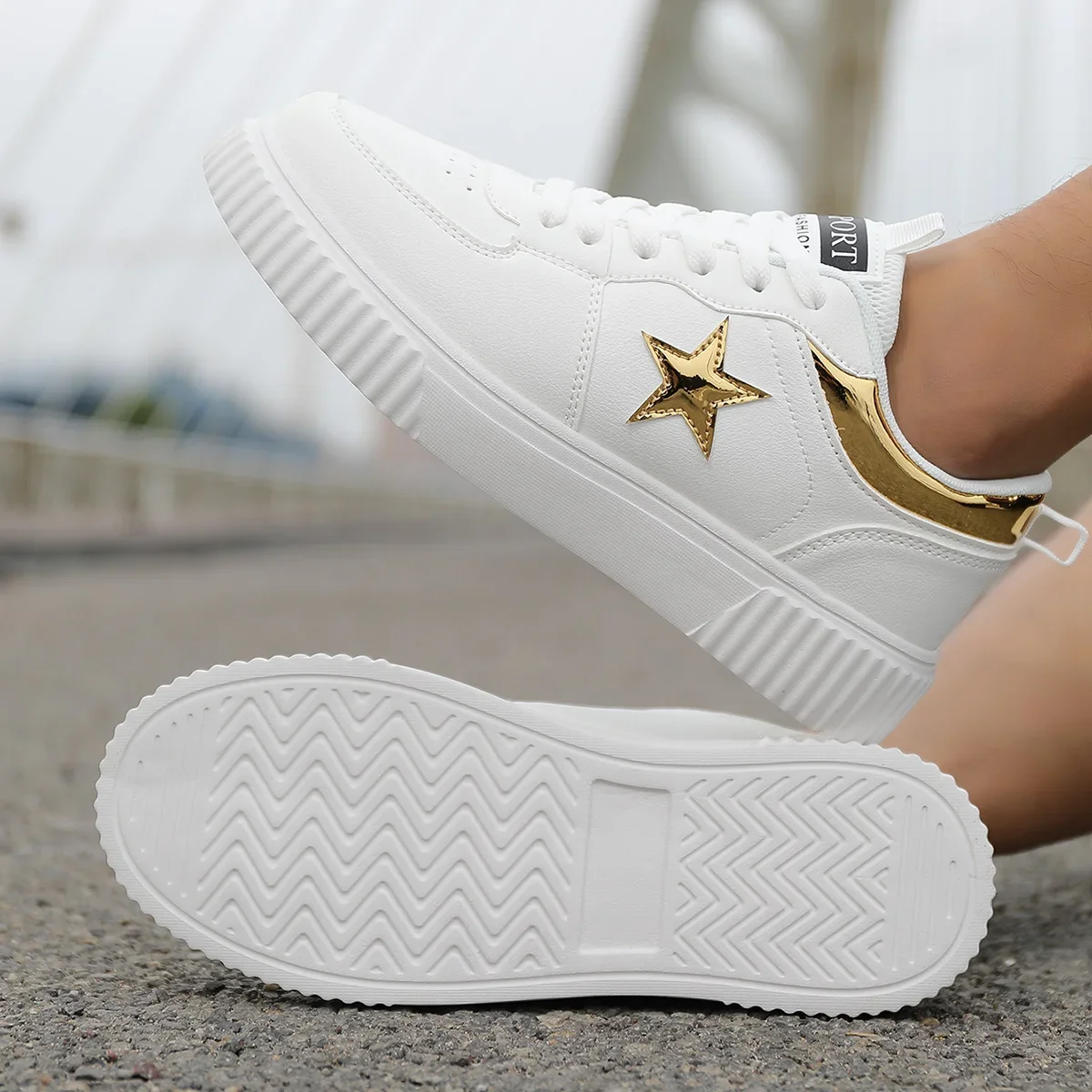Men Women Board Sneakers Flat Shoes Lace Up Female Outdoor Luxury PU Leather Thick Sole White Walking Fashion Casual Shoes