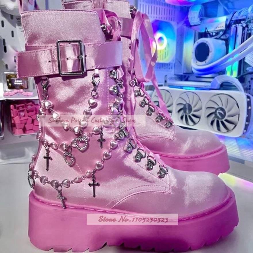 Pink Satin Y2K Platform Ankle Boots Wedged Heel Heart Cross Crystal Chain Lace Up Buckle Booties Super Thick Sole Gothic Shoes