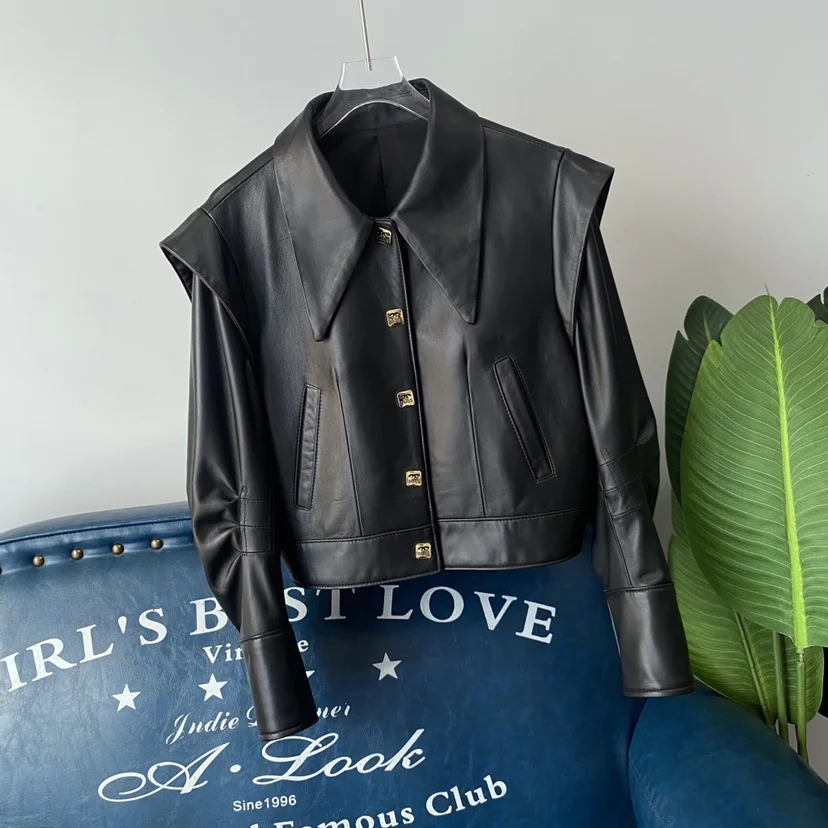 2025 novo casaco feminino faionable ort couro jaet legal sle eepskin couro real cintura-empitação tamanho ature