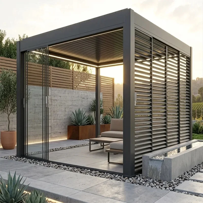 Luxury Motorized Outdoor Windproof Aluminum Pergola with Adjustable Louver Roof and Concealed Drainage Pergola