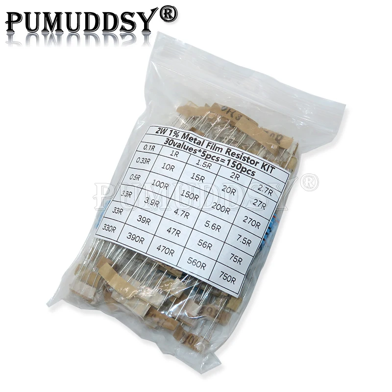 300PCS/Set 30 Kinds 1/4W 1/2W 1W 2W 3W Resistance 1% Metal Film Resistor Pack Assorted Kit 0.1R-750R 1K-820K Resistor 150PCS/Set