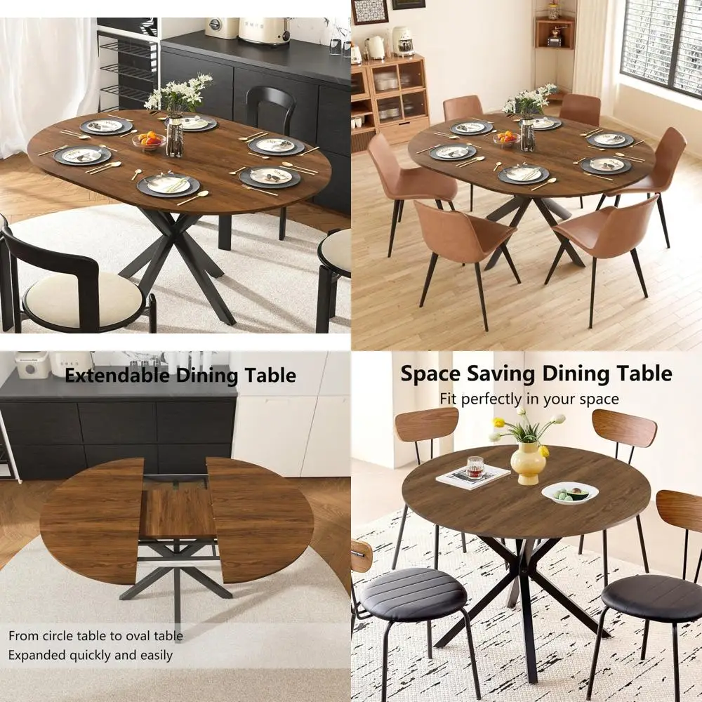 expandable round dining table for 4-6, modern kitchen oval table with removable leaf for space-saving