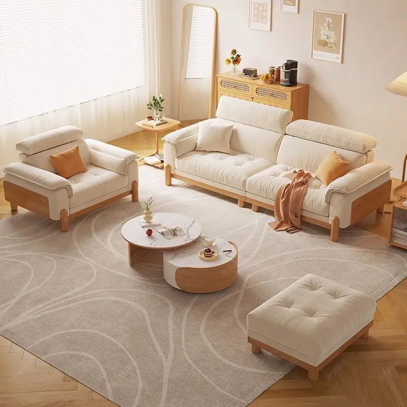 Factory Direct 2026 Top Rated Cloud Solid Wood Fabric Sofa Living Room Small Apartment Log Cream Wind Double Triple Straight Row