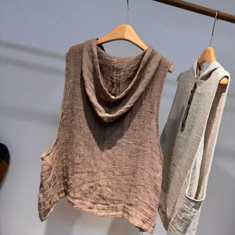 Original Design Spring Summer Style Women Sleeveless Loose Linen Tank Tops Good Quality All-matched Casual Hooded Tank Top B0306