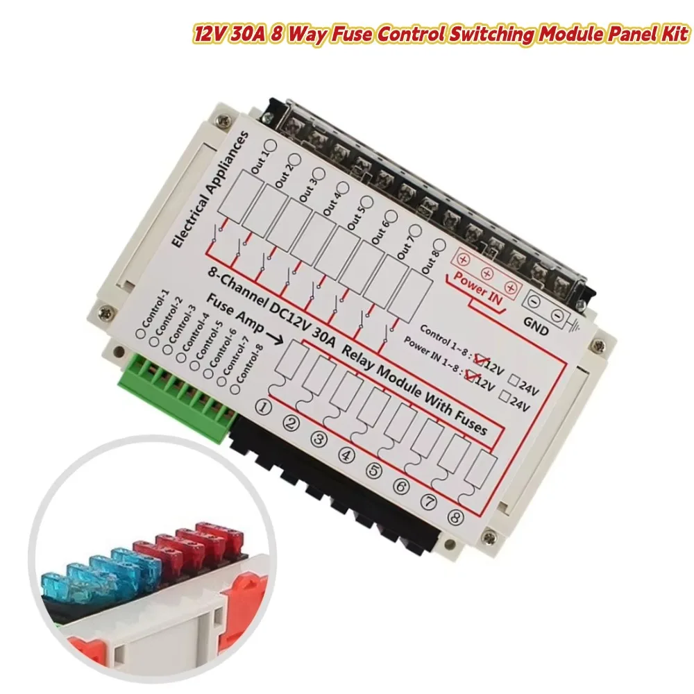 12V 30A 8 Way Fuse Control Switching Module Panel Kit For Caravan DC Camper RV Trailer Boat Marine Electrical System Distributio