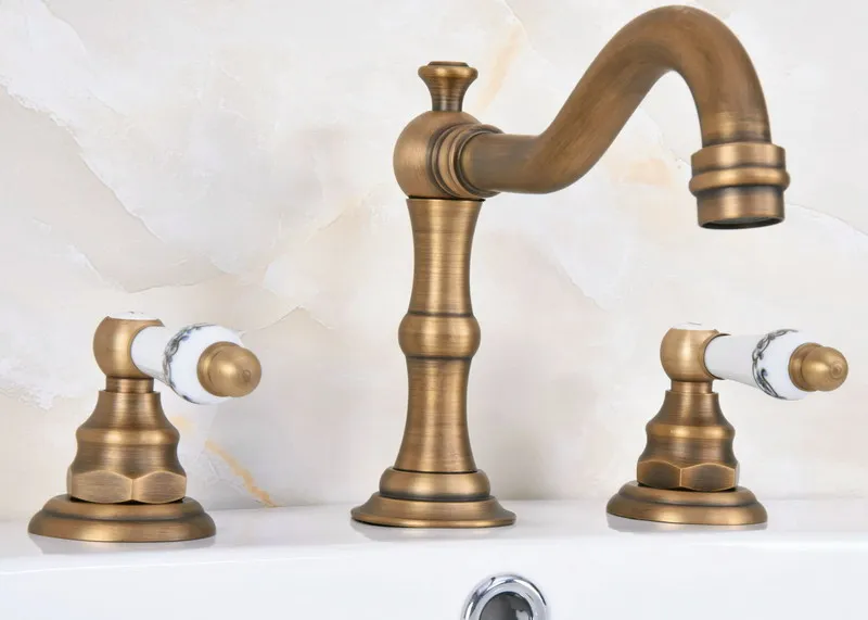 

Widespread Dual Lever Ceramic Knob Retro Brass Faucet Bathroom 3 Holes Lavatory Basin Taps Washroom Hot And Cold Tap Dan072