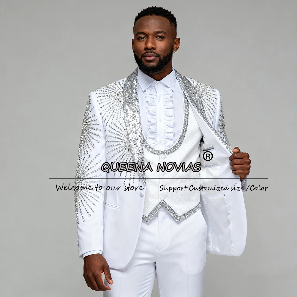 Crystals Beaded Wedding Suits For Men 3 Peices Sets Sparkly Sequins Lapel Prom Blazers Customized Groom Wedding Tuxedos 2026