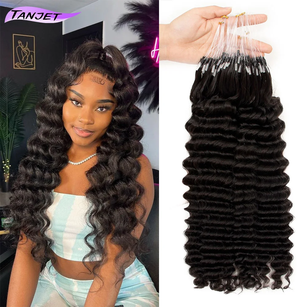 Deep Wave Microlink Human Hair Extensions Natural Micro Rings Hair Brazilian Micro Bead Loops Hair Extensions for Black Women