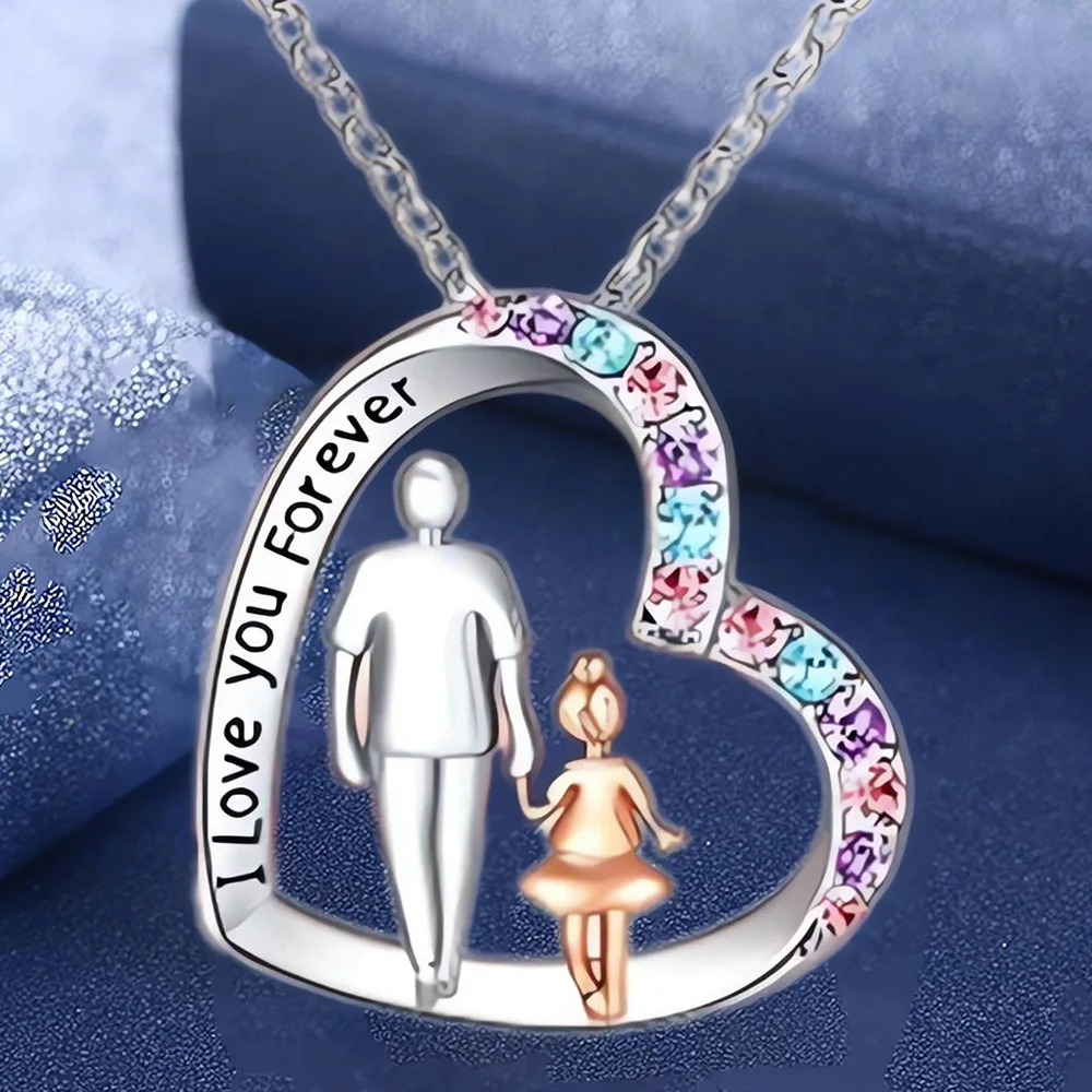 جديد أنا أحبك إلى الأبد على شكل قلب ملون تقليد الماس محفورة قلادة أبي وابنتها مجوهرات عطلة هدايا رومانسية