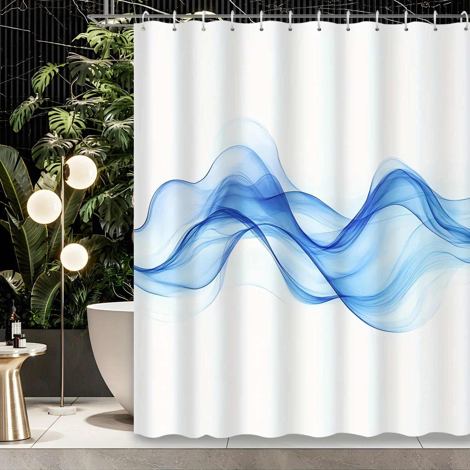 芸術的なラインの青い抽象的な波-シャワーカーテン-洗える-防汚-シャワーヘッド-防水-ポリエステル-バスカーテン