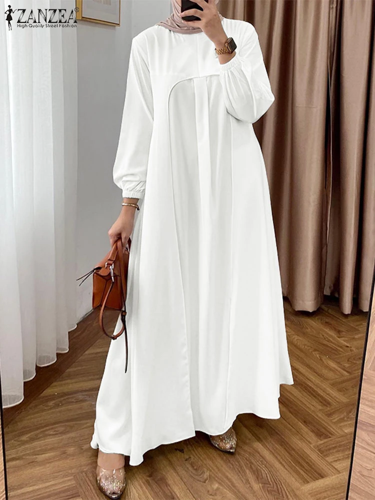 Eid Mubarek Muslim Dresses Abaya 2025 ZANZEA Fashion Women Long Lantern Sleeve Pleated Sundress Robe Femme Islamic Hijab Dress 3