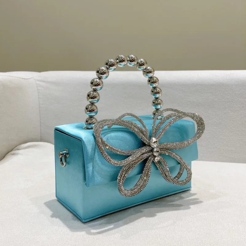 2023 Rhinestone Butterfly Chain Satin Box Handbags Women Boutique Crystal PU Evening Clutch Purses And Handbags Wedding Party