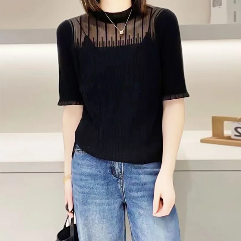 2024 New Summer Aesthetic Loose Casual Korean Style Retro T-shirts for Women Chic Office Lady Turtleneck Short Sleeve Y2K Tops