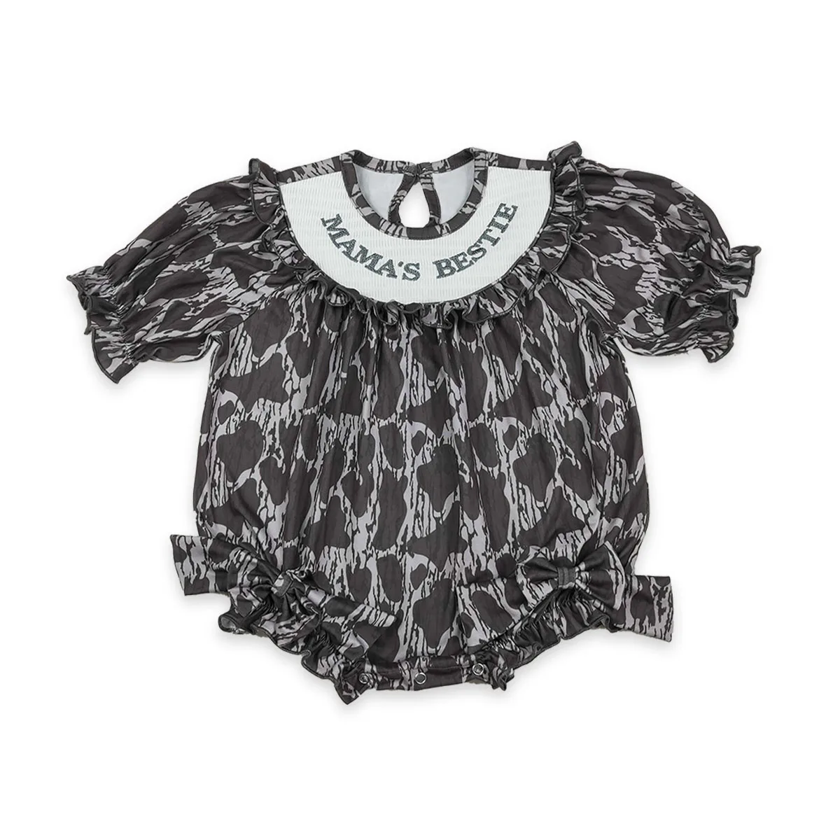 

Wholesale Baby Girl Newborn Short Sleeve Bubble Embroidery Smocked Mama Camo Hunting Ruffle Romper Kids Toddler Infant Jumpsuit